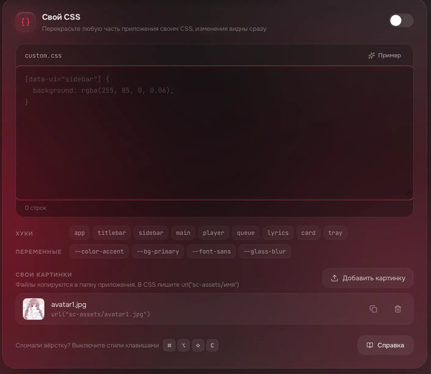 The "Custom CSS" card: a custom.css editor, hooks, variables and your own images